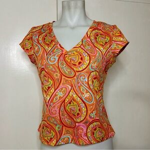Vintage 90s Emporium Orange Funky Paisley V Neck Baby Tee Cropped T Shirt
